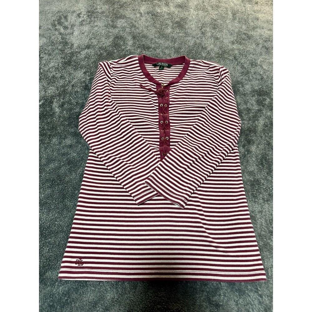 LAUREN Ralph Lauren Lace-Up Corset Henley Red & White Striped Long Sleeve M